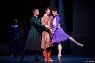 Bennet Gartside as King Leontes, Beatriz Stix-Brunell as Perdita and Vadim Muntagirov as Florizel in Wheeldon's The Winter's Tale.